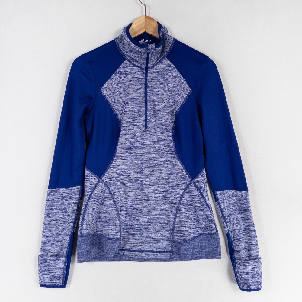 Zella Top Sz Small Blue Space Dye Panels 1/4 Zip Mock Neck Active Fleece Lined